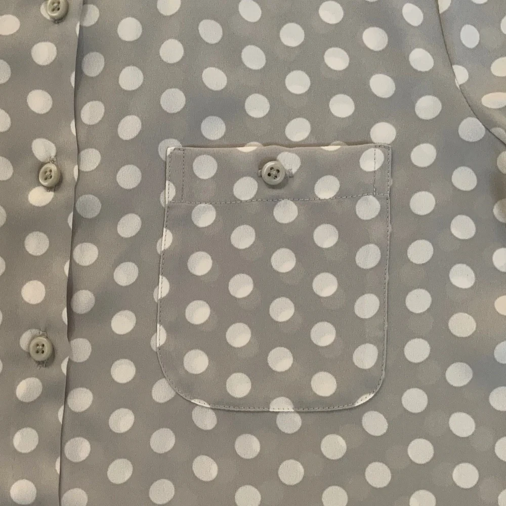 LOFT Grey White Polka Dot Silky Button Front Long Sleeve  Blouse SZ S